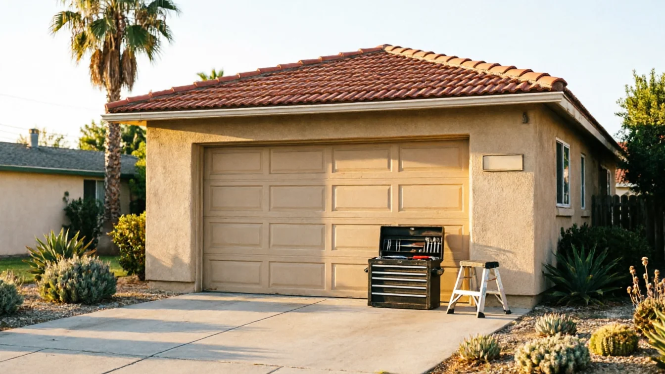 A beige garage door on a stucco house with a toolbox and step stool.