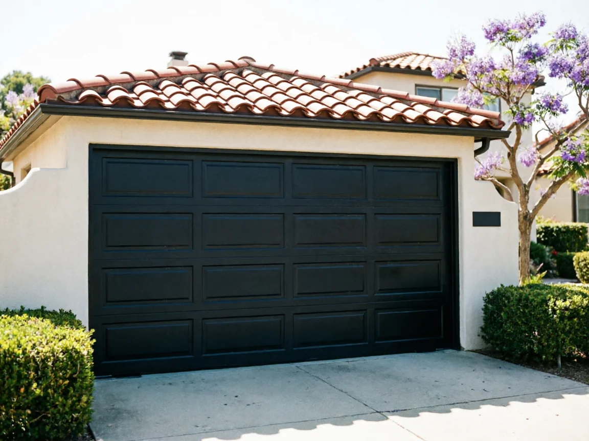 A black garage door is on a stucco house with a red tile roof.