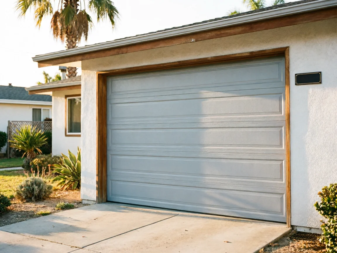 A light gray garage door is on a white house with a palm tree.