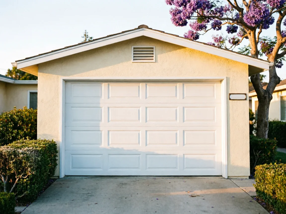 A white paneled garage door is on a light yellow house with a purple flowering tree.